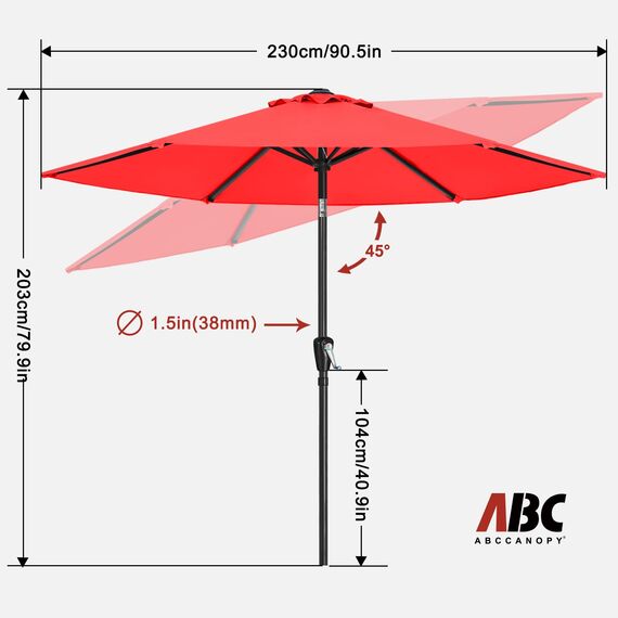 ABCCANOPY 230cm Sonnenschirm im Freien Wasserabweisende Bespannung -Gartenschirm Marktschirm,Rot