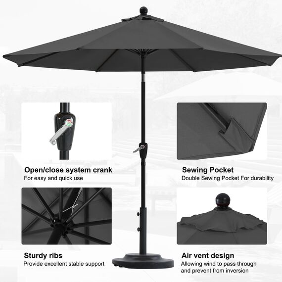 Abccanopy Sonnenschirm 228 cm, 274 cm, 305 cm mit Druckknopf für Garten, Terrasse, Hinterhof und Pool, 6 Rippen, 13+ Farben 10FT dunkelgrau