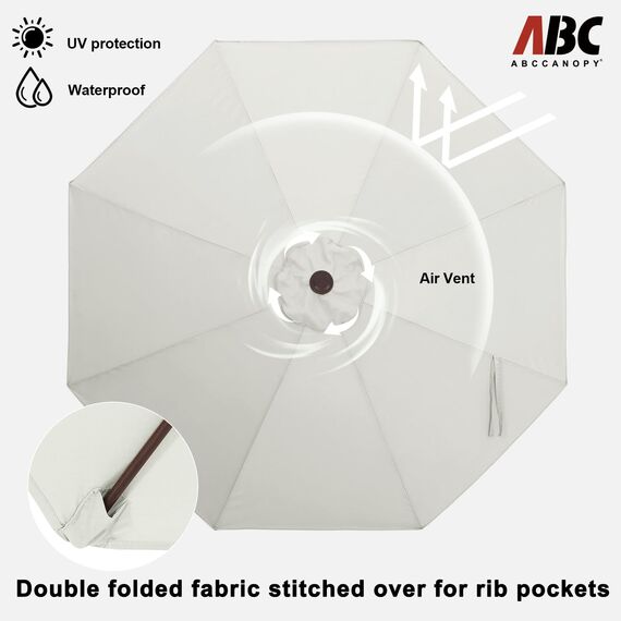 ABCCANOPY Sonnenschirm 270 cm, Strandschirm, Beidseitig um 30° knickbar, UPF 50+, Wasser- und Winddicht, Stabil, für Terrasse, Balkon, Markt... Hellbeige