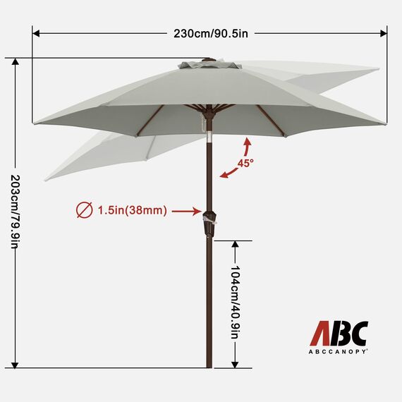 ABCCANOPY 230cm Sonnenschirm im Freien Wasserabweisende Bespannung -Gartenschirm Marktschirm,hellgrau