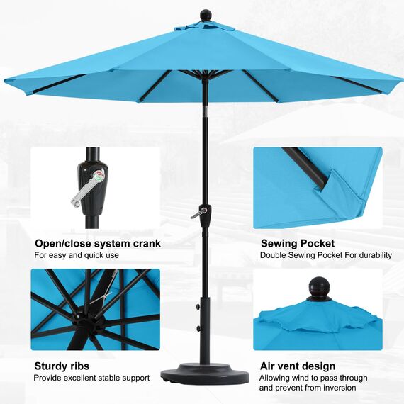 Abccanopy Sonnenschirm 228 cm, 274 cm, 305 cm mit Druckknopf für Garten, Terrasse, Hinterhof und Pool, 6 Rippen, 13+ Farben 10FT türkis