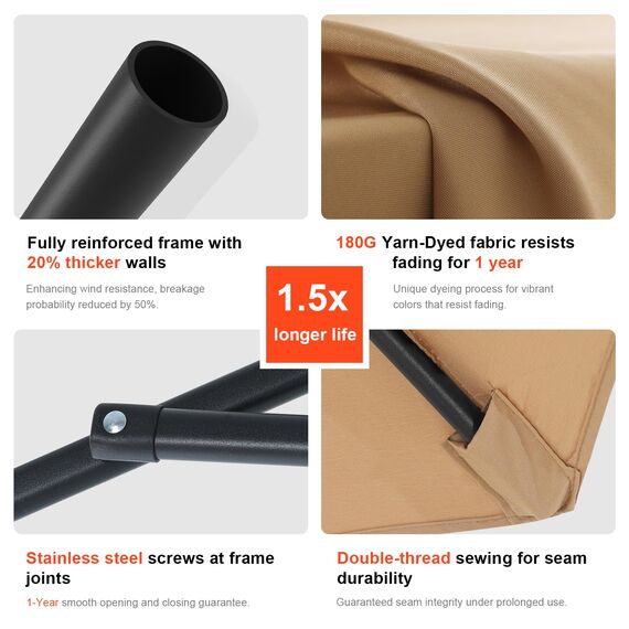 Abccanopy Sonnenschirm 228 cm, 274 cm, 305 cm mit Druckknopf für Garten, Terrasse, Hinterhof und Pool, 6 Rippen, 13+ Farben 10FT burgunderfarben