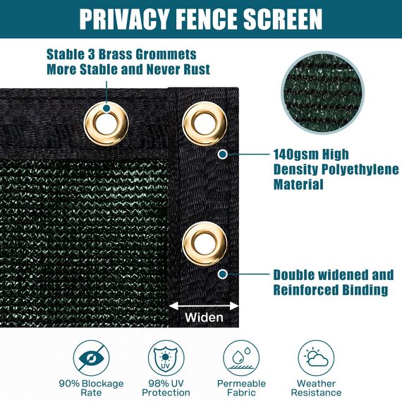 UIRWAY Sichtschutz Zaun 1,82m x 15,24m, Zaunblende Schattiernetz mit ösen 170 g/m² Blockade UV Schutz Windschutz HDPE Gewebe Netz mit Kabelbinder für Gartenzaun Gewächshaus (Grün)