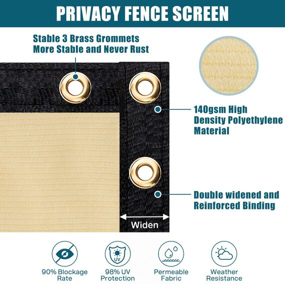 UIRWAY Sichtschutz Zaun 1,82m x 15,24m, Zaunblende Schattiernetz mit ösen 170 g/m² Blockade UV Schutz Windschutz HDPE Gewebe Netz mit Kabelbinder für Gartenzaun Gewächshaus (Sand)