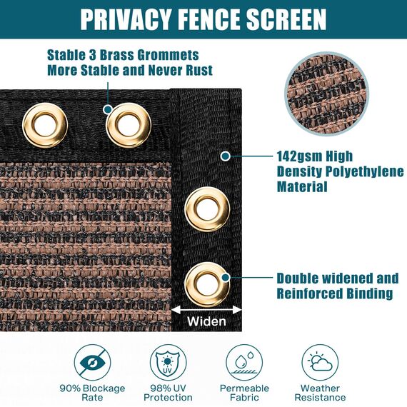 UIRWAY Sichtschutz Zaun 1,82m x 15,24m, Zaunblende Schattiernetz mit ösen 170 g/m² Blockade UV Schutz Windschutz HDPE Gewebe Netz mit Kabelbinder für Gartenzaun Gewächshaus (Braun)