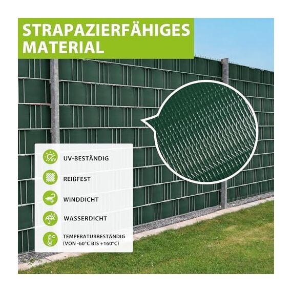 jarolift PVC Sichtschutzstreifen Sichtschutz Gartenzaun Stabmattenzaun Balkon, Wasser und Winddicht Komplettset mit 25 Clips, 40 m (L) x 19 (B) cm, Dunkelgrün