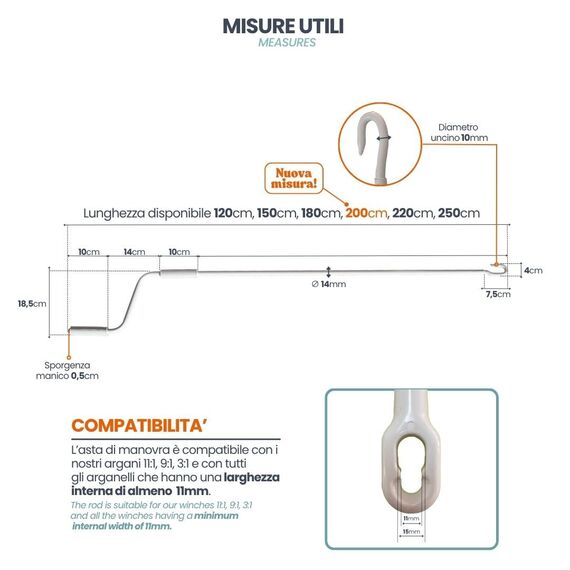 TENDAGGIMANIA Markisenkurbel Farbe Weiss - Größe 180 cm - Markisenkurbel mit Haken Universal aus lackiertem Eisen mit ergonomischem Griff aus PVC - Kurbelstange für Markise