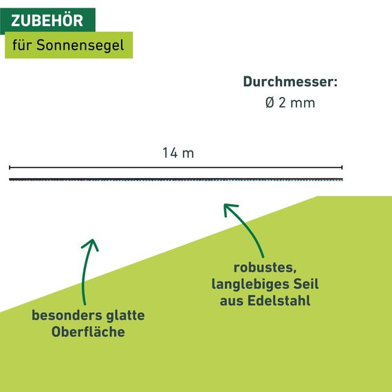 Windhager Edelstahlseil zur Montage und Spannen von Seilspannmarkisen und Sonnensegeln, 14m x 2mm, 10822, silber
