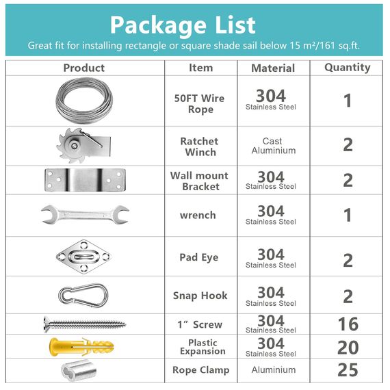 FZENeast Sonnensegel-Hardware-Kit enthält Seilwinden und Drahtseil, rostfreier Edelstahl, Sonnenschutz-Hardware-Kit für rechteckige, quadratische Dreiecks-Sonnensegel, Installation (75-teilig)