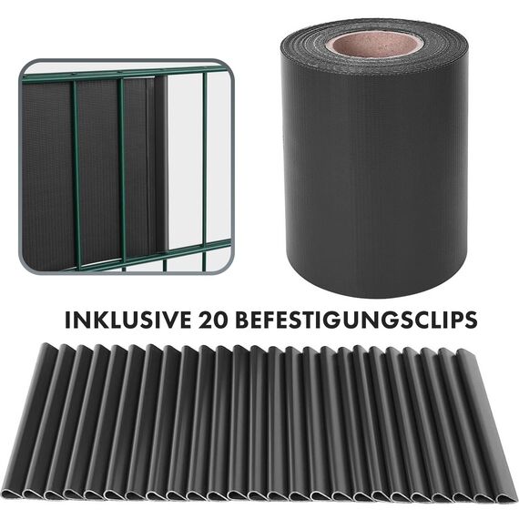 Sichtschutzstreifen PVC | Sichtschutzfolie Gartenzaun oder Balkon | inkl. 20 Befestigungsclips | für Einzel- und Doppelstabmatten geeignet | 19 cm x 35 m | einfarbig oder mit Motiv| Anthrazit