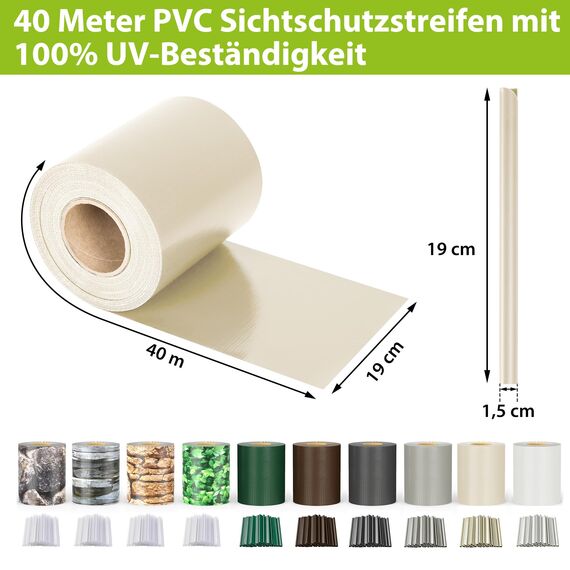 jarolift PVC Sichtschutzstreifen Sichtschutz Gartenzaun Stabmattenzaun Balkon, Wasser und Winddicht Komplettset mit 25 Clips, 40 m (L) x 19 (B) cm, Creme - Hellelfenbein
