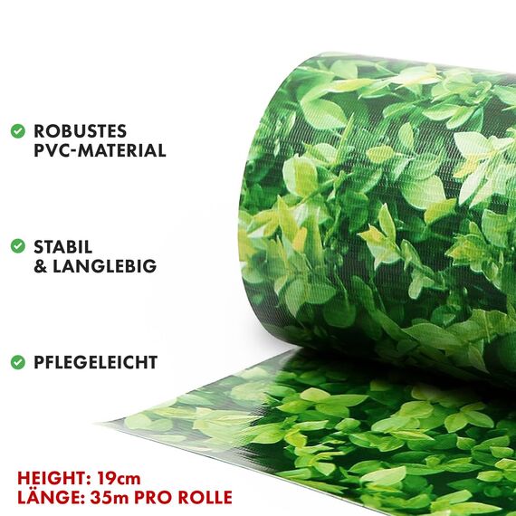 Sichtschutzstreifen PVC | Sichtschutzfolie Gartenzaun oder Balkon | inkl. 20 Befestigungsclips | für Einzel- und Doppelstabmatten geeignet | 19 cm x 35 m | einfarbig oder mit Motiv| Buchsbaum-Optik