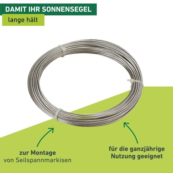 Windhager Edelstahlseil zur Montage und Spannen von Seilspannmarkisen und Sonnensegeln, 14m x 2mm, 10822, silber