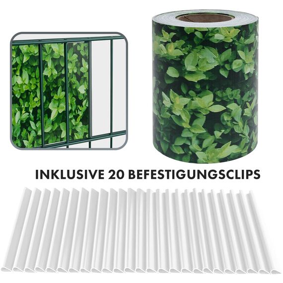 Sichtschutzstreifen PVC | Sichtschutzfolie Gartenzaun oder Balkon | inkl. 20 Befestigungsclips | für Einzel- und Doppelstabmatten geeignet | 19 cm x 35 m | einfarbig oder mit Motiv| Buchsbaum-Optik