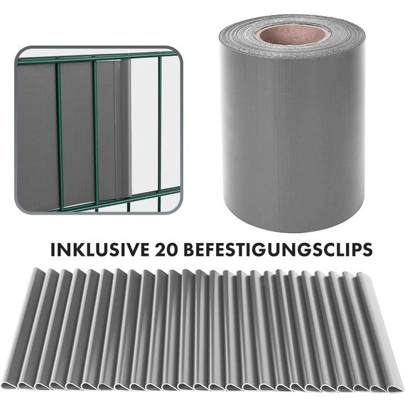 casa pura Sichtschutzstreifen PVC | Sichtschutzfolie Gartenzaun oder Balkon | inkl. 20 Befestigungsclips | für Einzel- und Doppelstabmatten geeignet | 19 cm x 35 m | einfarbig oder mit Motiv| Grau