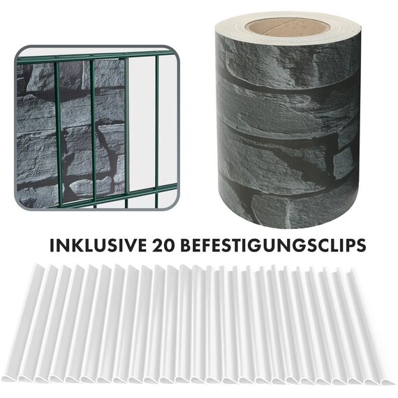 Sichtschutzstreifen PVC | Sichtschutzfolie Gartenzaun oder Balkon | inkl. 20 Befestigungsclips | für Einzel- und Doppelstabmatten geeignet | 19 cm x 35 m | einfarbig oder mit Motiv| Schiefer