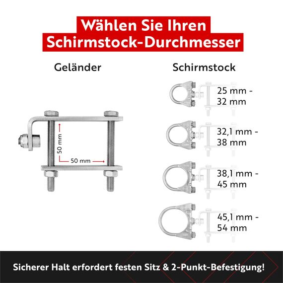 STORM-PROOF Sonnenschirmhalter Balkongeländer Charlie 2er Set aus Metall für eckige Geländer