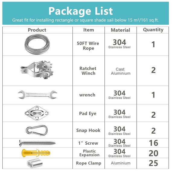 FZENeast Markisen-Befestigungsset, rostfreies Edelstahl-Sonnenschutz-Hardware-Kit mit Seilwinden und Hardware für rechteckige, quadratische Dreiecks-Sonnensegel