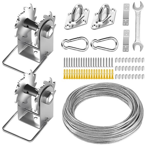 FZENeast Sonnensegel-Hardware-Kit enthält Seilwinden und Drahtseil, rostfreier Edelstahl, Sonnenschutz-Hardware-Kit für rechteckige, quadratische Dreiecks-Sonnensegel, Installation (75-teilig)