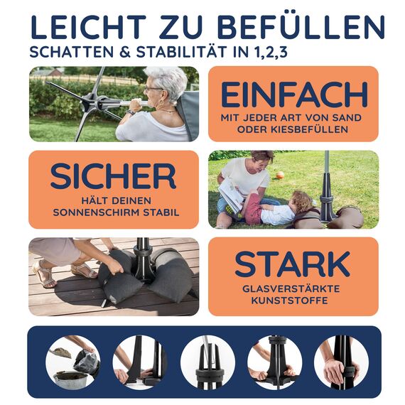 Baser Original Sonnenschirmständer mit Befüllbaren Sandsäcken, Flexibler Schirmhalter für 25-48mm Rohre, Patentiertes System, Wetterfestes Recyceltes Material