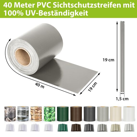 jarolift PVC Sichtschutzstreifen Sichtschutz Gartenzaun Stabmattenzaun Balkon, Wasser und Winddicht Komplettset mit 25 Clips, 40 m (L) x 19 (B) cm, Grau - Achtagrau