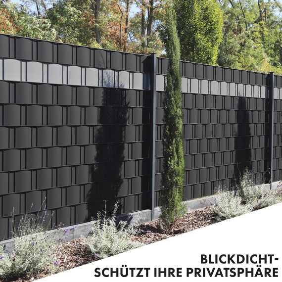 Sichtschutzstreifen PVC | Sichtschutzfolie Gartenzaun oder Balkon | inkl. 20 Befestigungsclips | für Einzel- und Doppelstabmatten geeignet | 19 cm x 35 m | einfarbig oder mit Motiv| Anthrazit