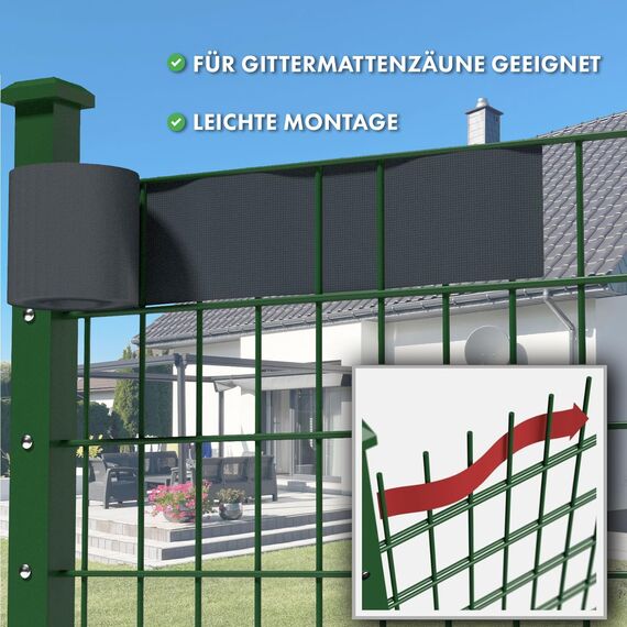 Sichtschutzstreifen PVC | Sichtschutzfolie Gartenzaun oder Balkon | inkl. 20 Befestigungsclips | für Einzel- und Doppelstabmatten geeignet | 19 cm x 35 m | einfarbig oder mit Motiv| Anthrazit