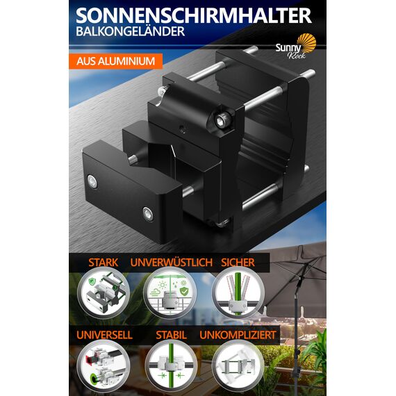4smile Sonnenschirmhalter Balkongeländer SunnyRock - Extra-starke Aluminium Sonnenschirm Halterung Balkon - Universelle Schirmhalterung Balkongeländer ersetzt Sonnenschirmständer Balkon, Schwarz