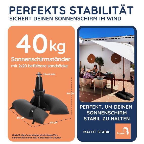 Baser Original Sonnenschirmständer mit Befüllbaren Sandsäcken, Flexibler Schirmhalter für 25-48mm Rohre, Patentiertes System, Wetterfestes Recyceltes Material