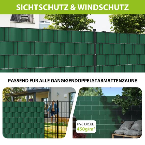 jarolift PVC Sichtschutzstreifen Sichtschutz Gartenzaun Stabmattenzaun Balkon, Wasser und Winddicht Komplettset mit 25 Clips, 40 m (L) x 19 (B) cm, Dunkelgrün