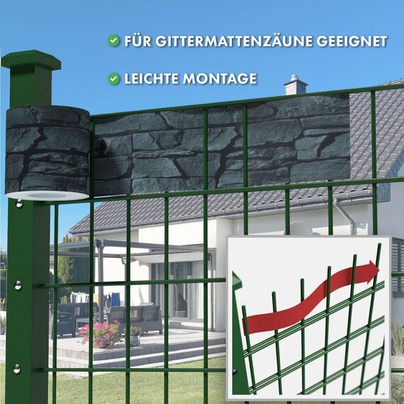 Sichtschutzstreifen PVC | Sichtschutzfolie Gartenzaun oder Balkon | inkl. 20 Befestigungsclips | für Einzel- und Doppelstabmatten geeignet | 19 cm x 35 m | einfarbig oder mit Motiv| Schiefer