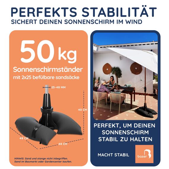 Baser Original Sonnenschirmständer mit Befüllbaren Sandsäcken, Flexibler Schirmhalter für 25-48mm Rohre, Patentiertes System, Wetterfestes Recyceltes Material