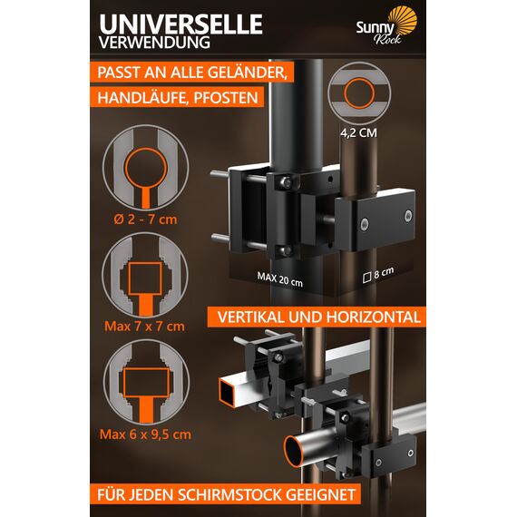 4smile Sonnenschirmhalter Balkongeländer SunnyRock - Extra-starke Aluminium Sonnenschirm Halterung Balkon - Universelle Schirmhalterung Balkongeländer ersetzt Sonnenschirmständer Balkon, Schwarz