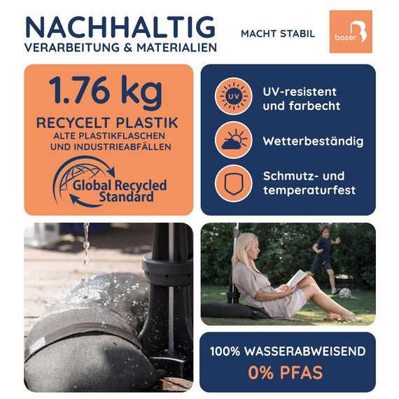 Baser Original Sonnenschirmständer mit Befüllbaren Sandsäcken, Flexibler Schirmhalter für 25-48mm Rohre, Patentiertes System, Wetterfestes Recyceltes Material