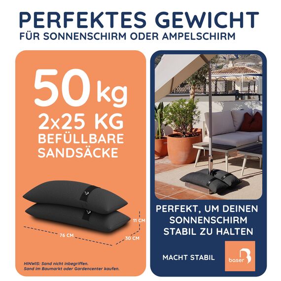 BASER - Gerade auffüllbare Sandsäcke, 2 x 25 KG, auffüllbare Gewichte für Ampelschirme, Sonnenschirme, Schirmständer und Gartenzubehör