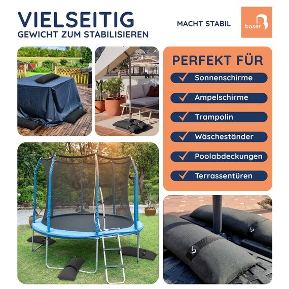 Baser Original Befüllbare Sandsäcke für Sonnenschirmständer, Wetterfeste Gewichte für Gartenmöbel & Trampolin, Recyceltes Polyester Wasserabweisend