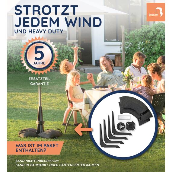 Baser Original Sonnenschirmständer mit Befüllbaren Sandsäcken, Flexibler Schirmhalter für 25-48mm Rohre, Patentiertes System, Wetterfestes Recyceltes Material