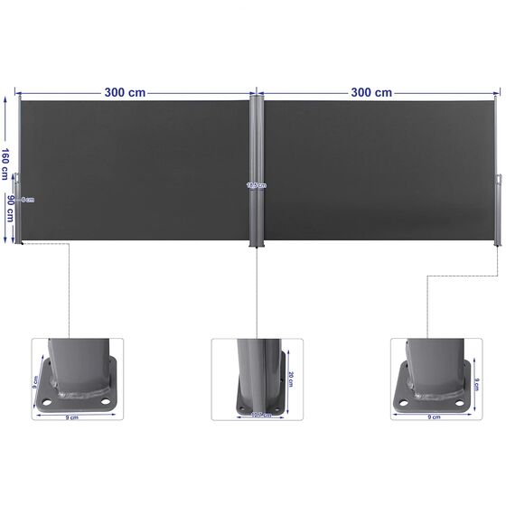 SONGMICS Doppelseitenmarkise, 1,6 x 6 m (H x L), ausziehbare Seitenmarkise, Sichtschutz, Sonnenschutz, Seitenrollo, für Balkon, Terrasse und Garten, anthrazit GSA320G