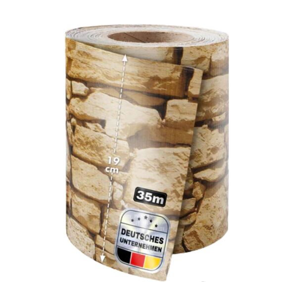 Sichtschutzstreifen PVC | Sichtschutzfolie Gartenzaun oder Balkon | inkl. 20 Befestigungsclips | für Einzel- und Doppelstabmatten geeignet | 19 cm x 35 m | einfarbig oder mit Motiv| Stein-Optikgrob