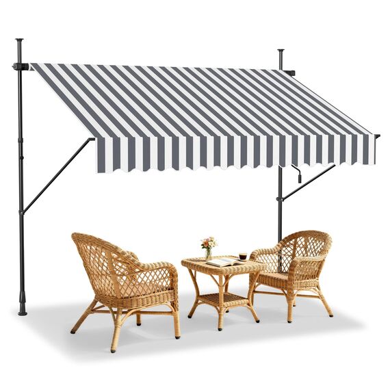 HENGMEI Klemmmarkise Balkon Markise Einziehbar Balkonmarkise Sonnenschutz ohne Bohren höhenverstellbar (250 x 120 cm, Graue und Weiße Streifen)