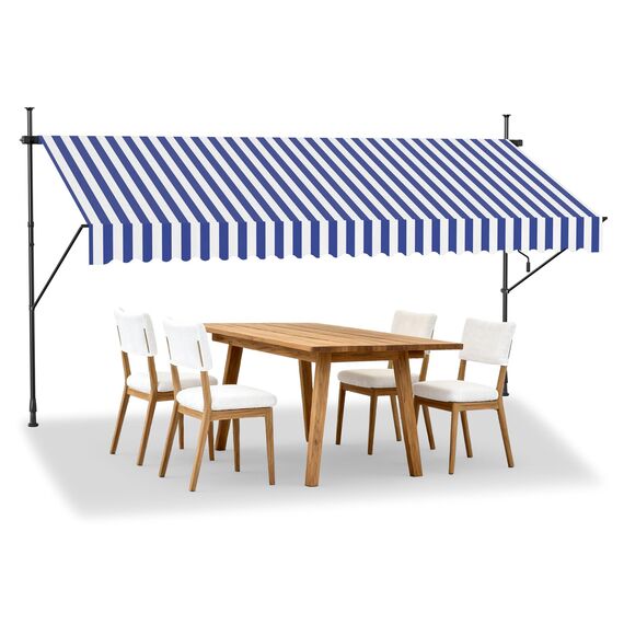 HENGMEI Klemmmarkise Balkon Markise Einziehbar Balkonmarkise Sonnenschutz ohne Bohren höhenverstellbar (350 x 120 cm, Blaue und Weiße Streifen)