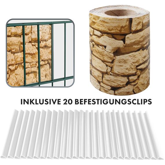 Sichtschutzstreifen PVC | Sichtschutzfolie Gartenzaun oder Balkon | inkl. 20 Befestigungsclips | für Einzel- und Doppelstabmatten geeignet | 19 cm x 35 m | einfarbig oder mit Motiv| Stein-Optikgrob