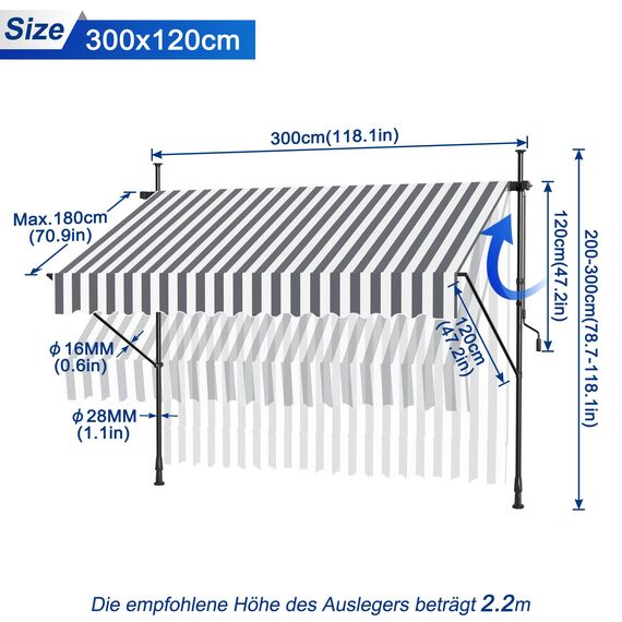 HENGMEI Klemmmarkise Balkon Markise Einziehbar Balkonmarkise Sonnenschutz ohne Bohren höhenverstellbar (300 x 120 cm, Graue und Weiße Streifen)