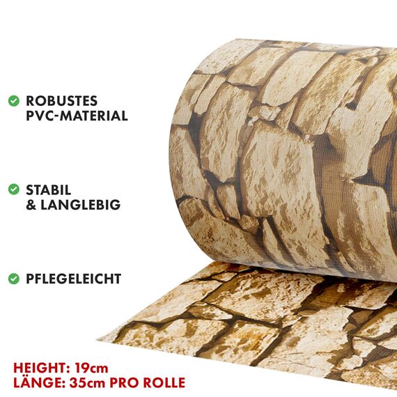 Sichtschutzstreifen PVC | Sichtschutzfolie Gartenzaun oder Balkon | inkl. 20 Befestigungsclips | für Einzel- und Doppelstabmatten geeignet | 19 cm x 35 m | einfarbig oder mit Motiv| Stein-Optikgrob