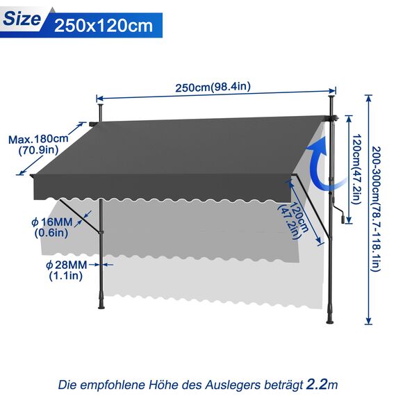 HENGMEI Klemmmarkise Balkon Markise Einziehbar Balkonmarkise Sonnenschutz ohne Bohren höhenverstellbar (250 x 120 cm, Dunkelgrau)