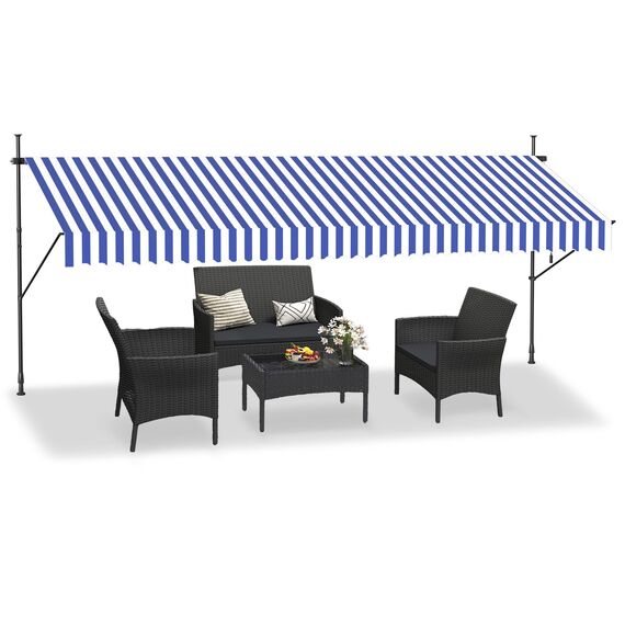 HENGMEI Klemmmarkise Balkon Markise Einziehbar Balkonmarkise Sonnenschutz ohne Bohren höhenverstellbar (400 x 120 cm, Blaue und Weiße Streifen)