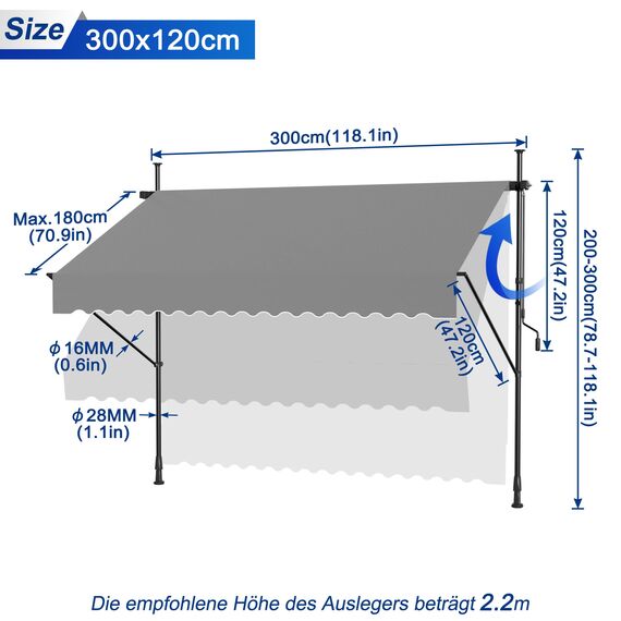 HENGMEI Klemmmarkise Balkon Markise Einziehbar Balkonmarkise Sonnenschutz ohne Bohren höhenverstellbar (300 x 120 cm, Grau)