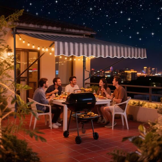 HENGMEI Klemmmarkise Balkon Markise Einziehbar Balkonmarkise Sonnenschutz ohne Bohren höhenverstellbar (400 x 120 cm, Graue und Weiße Streifen)