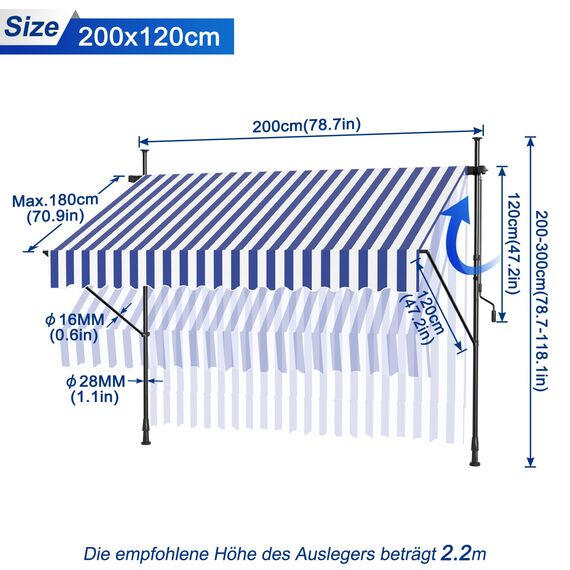 HENGMEI Klemmmarkise Balkon Markise Einziehbar Balkonmarkise Sonnenschutz ohne Bohren höhenverstellbar (200 x 120 cm, Blaue und Weiße Streifen)