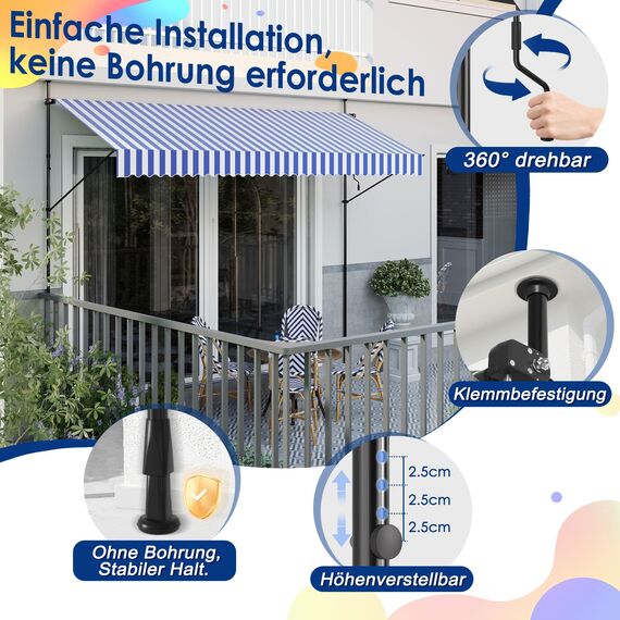 HENGMEI Klemmmarkise Balkon Markise Einziehbar Balkonmarkise Sonnenschutz ohne Bohren höhenverstellbar (350 x 120 cm, Blaue und Weiße Streifen)